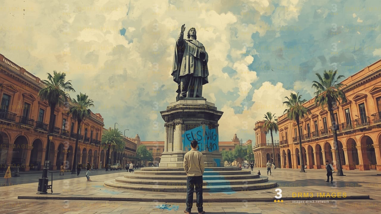 Blue paint covers sculpture in Cartagena historic center